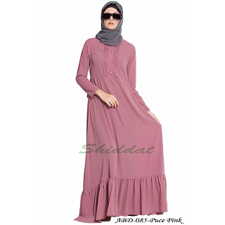 Frilled abaya dress with pintucks- Puce Pink
